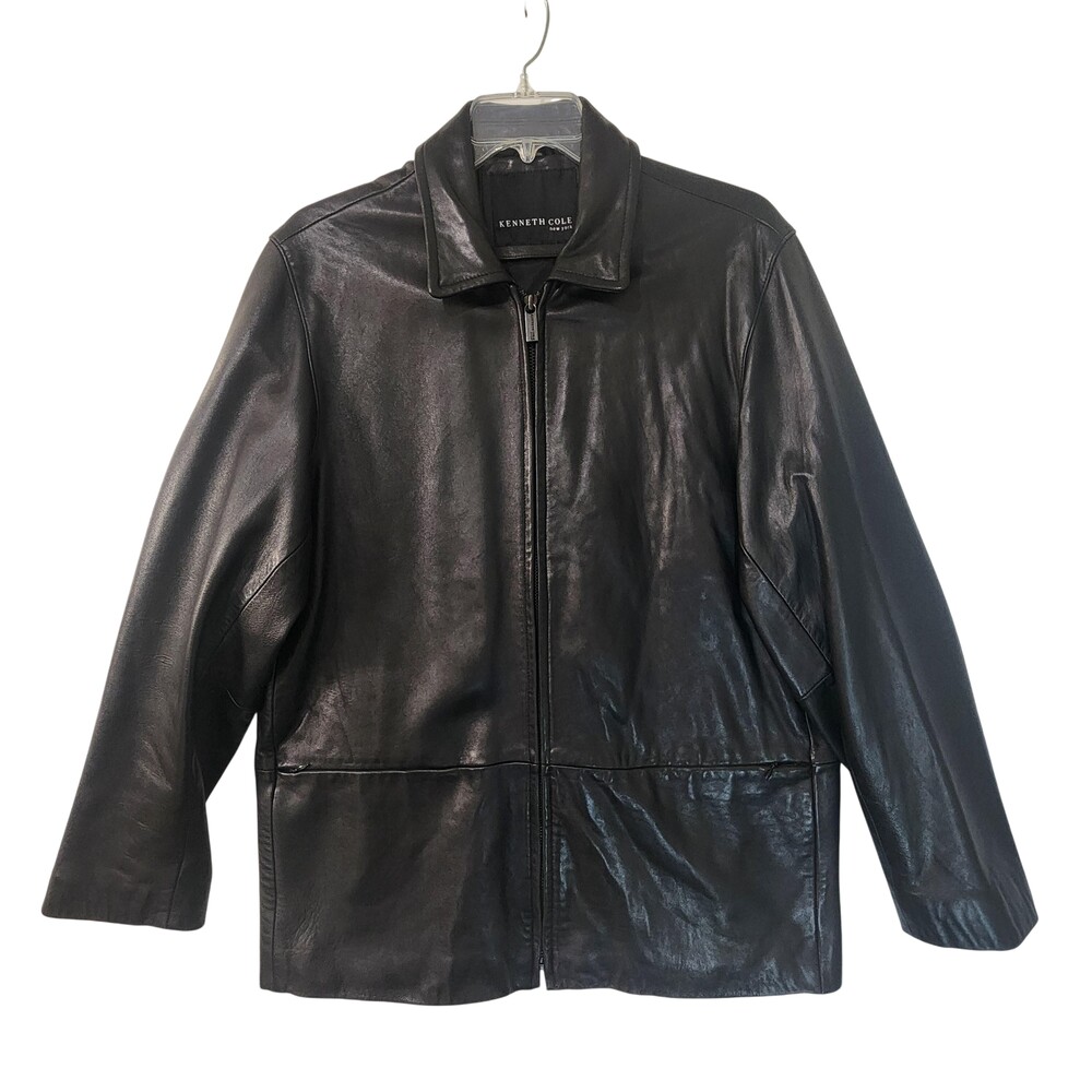 Kenneth Cole Jacket Mens XL Black Leather Zip Front Mid Length Overcoat Lined